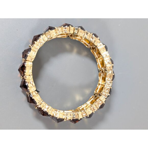 Monet Brown Rhinestone Tennis Bracelet 7" Stretch Gold Tone - Picture 3 of 8